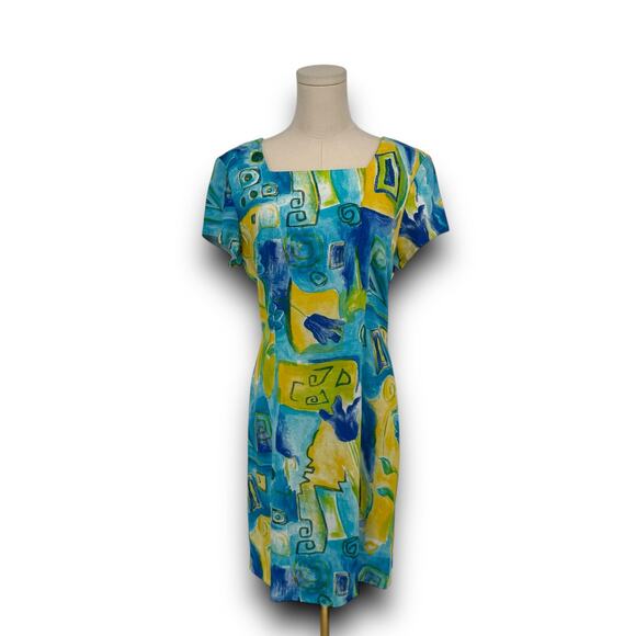 90s Vintage Jessica Howard Blue Yellow Abstract Floral Print Dress 8 Made in USA - Picture 2 of 7